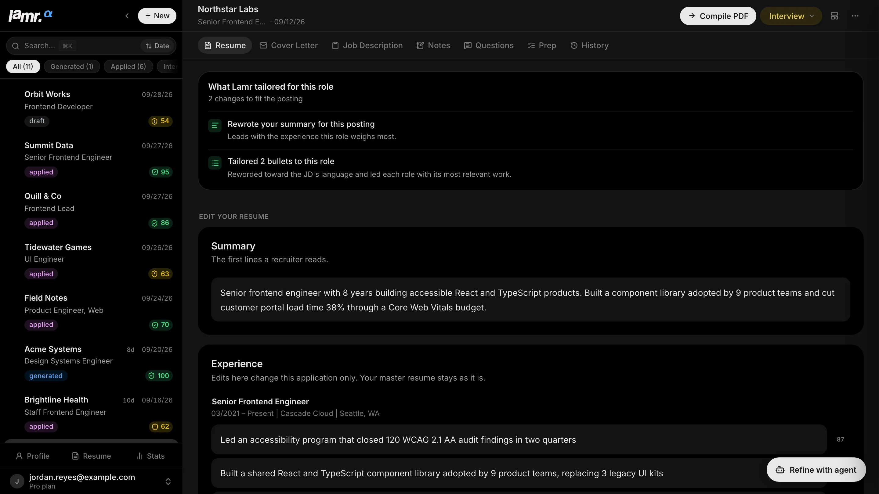 Lamr draft editor listing what was tailored for the role, a rewritten summary and reworded bullets, above editable summary and experience fields.