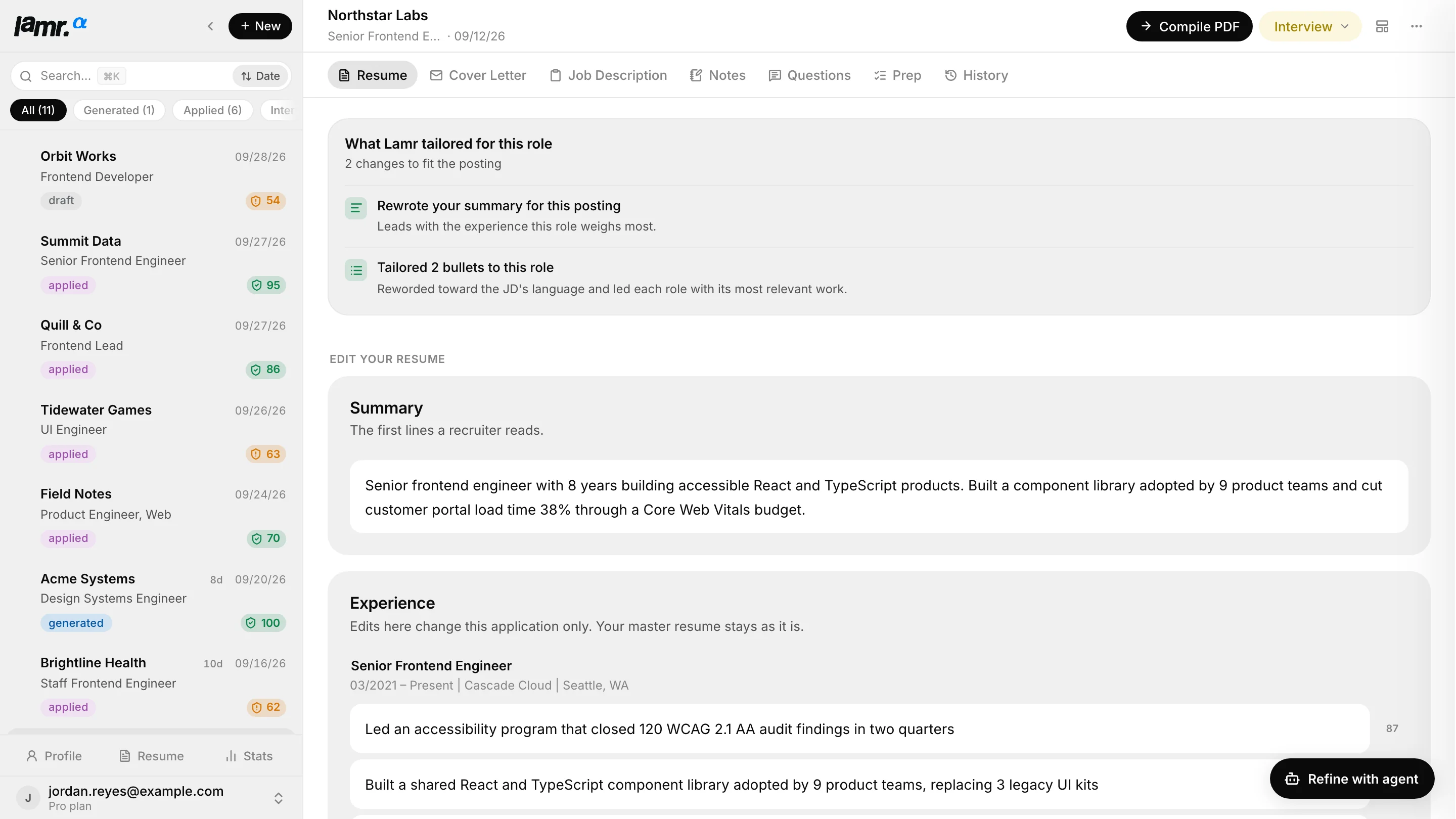 Lamr draft editor listing what was tailored for the role, a rewritten summary and reworded bullets, above editable summary and experience fields.