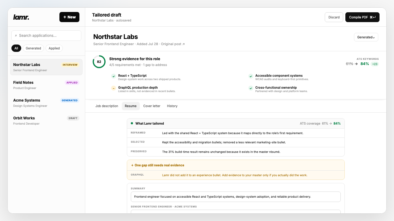 Lamr sample tailored resume draft showing ATS coverage increasing from 61 to 84 percent, the exact changes made, a GraphQL evidence gap, and editable resume fields.