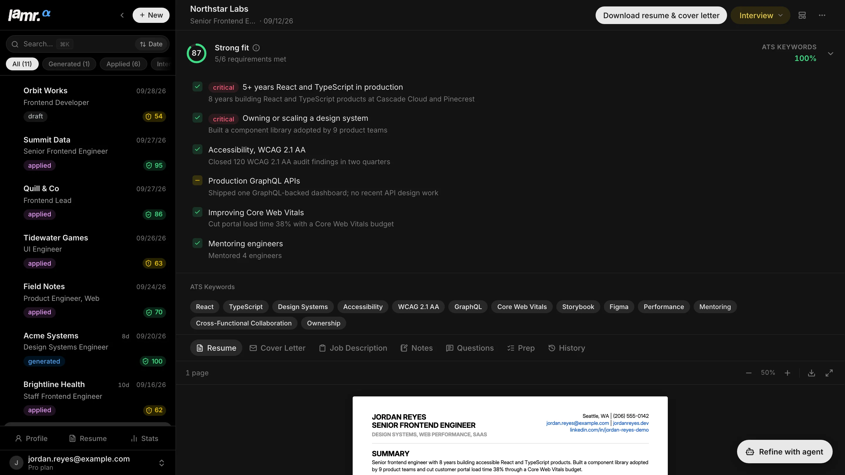 Lamr fit report for a Senior Frontend Engineer application: a score of 87, five of six requirements met with the evidence for each, a partial GraphQL requirement, and the application list with fit scores.