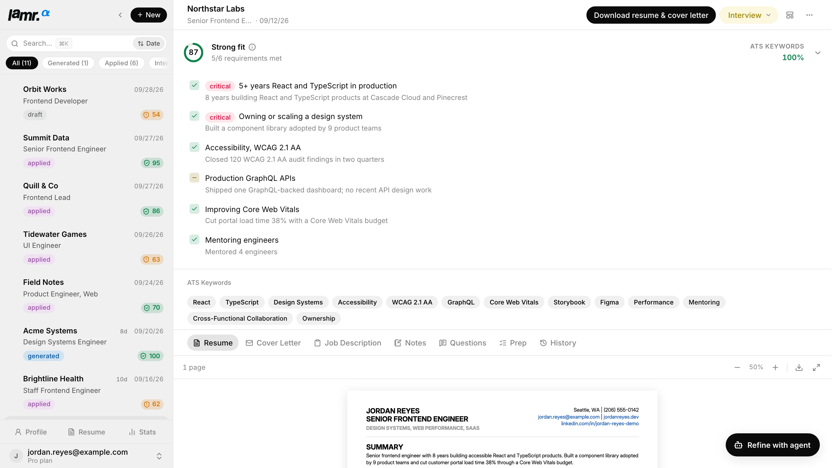 Lamr fit report for a Senior Frontend Engineer application: a score of 87, five of six requirements met with the evidence for each, a partial GraphQL requirement, and the application list with fit scores.