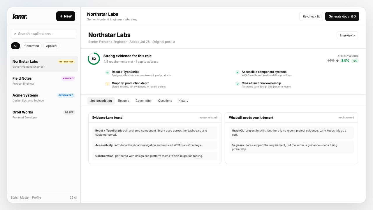 Lamr sample fit report showing an evidence-backed score of 82, four of five requirements met, ATS keyword coverage, and an unevidenced GraphQL gap.