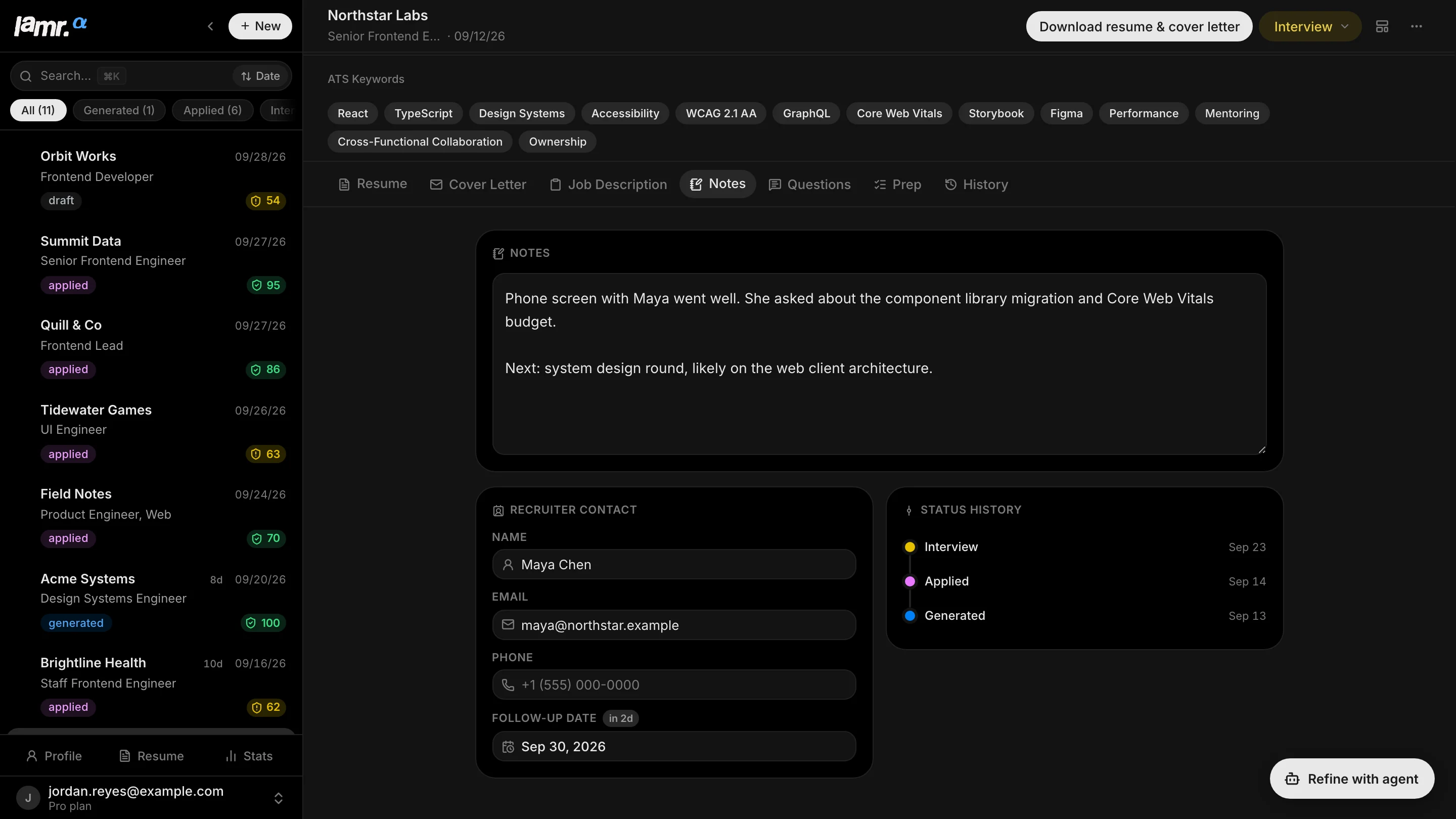 Lamr application view with notes, recruiter contact, follow-up date and status history, beside a pipeline of applications at draft, generated, applied and interview.