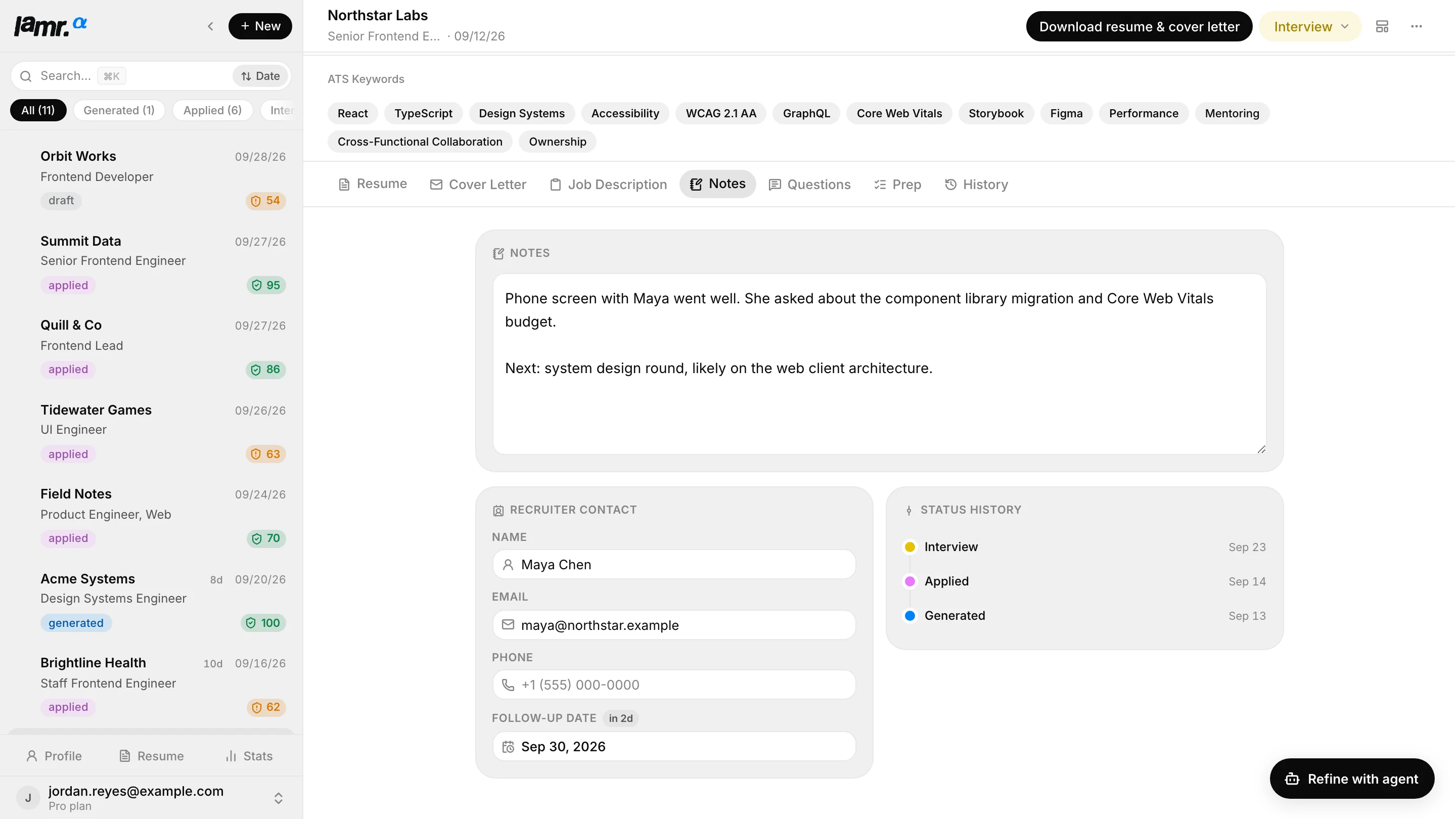 Lamr application view with notes, recruiter contact, follow-up date and status history, beside a pipeline of applications at draft, generated, applied and interview.