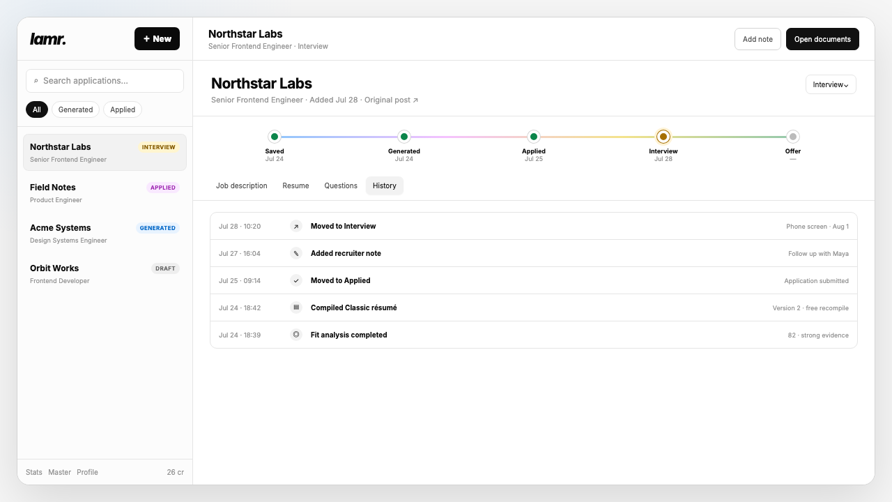 Lamr sample application pipeline showing jobs at draft, generated, applied, and interview status with per-application documents and history.