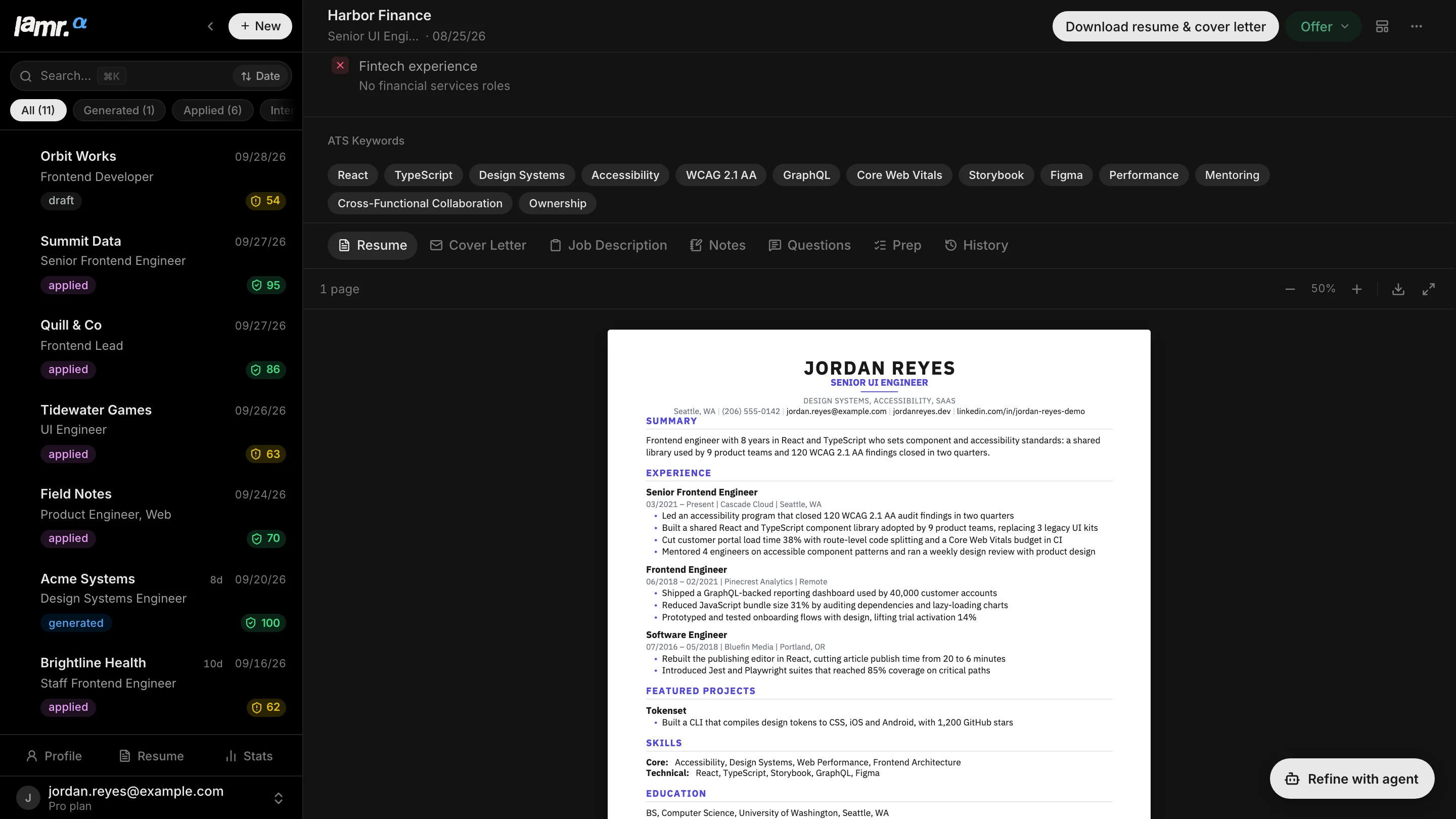 Lamr résumé tab showing a Typst-compiled Modern-template résumé PDF for a Senior UI Engineer application.