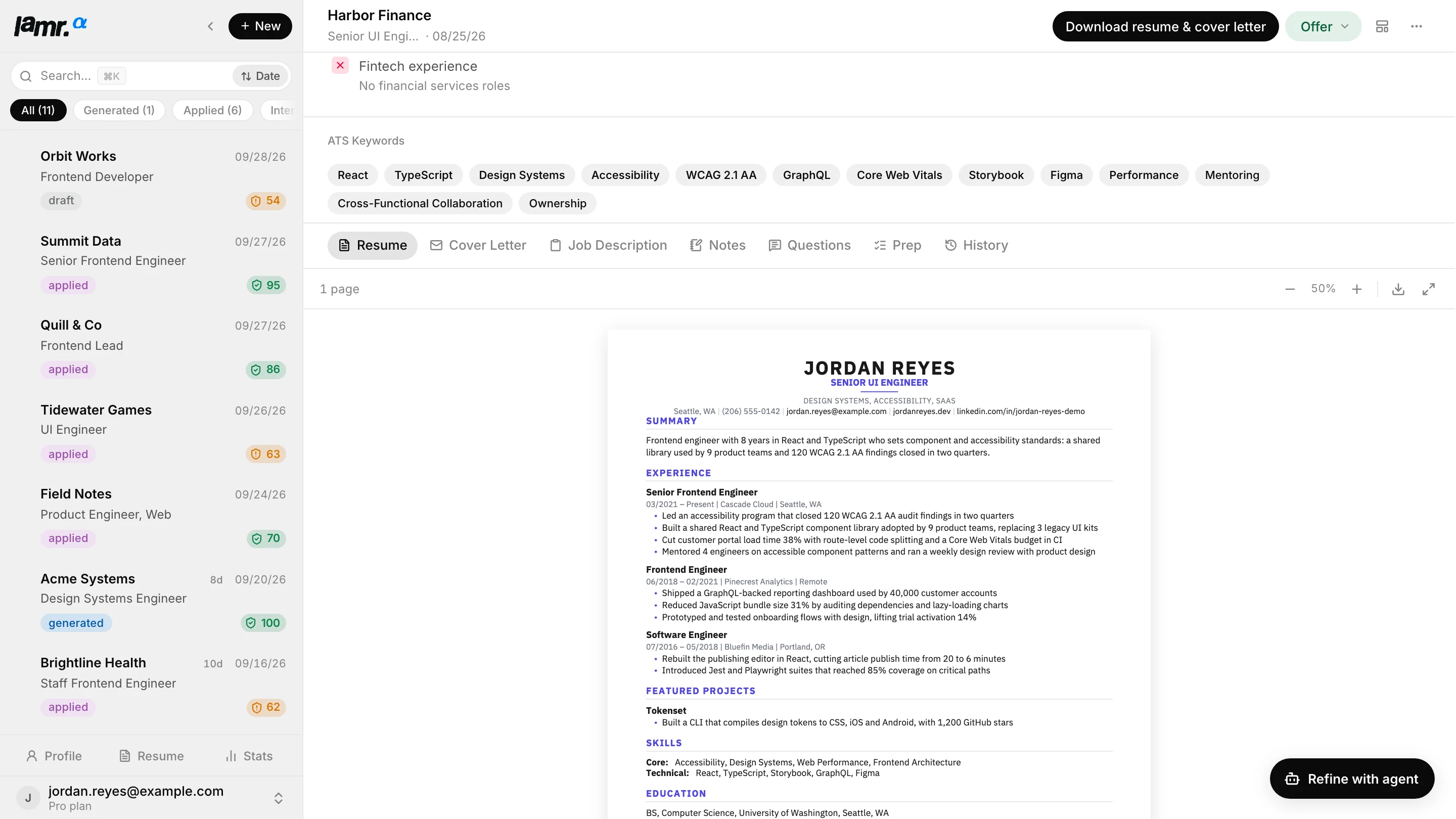 Lamr résumé tab showing a Typst-compiled Modern-template résumé PDF for a Senior UI Engineer application.