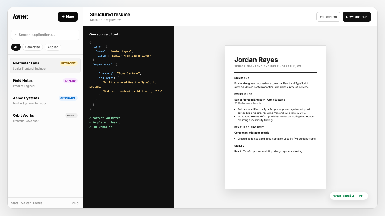 Lamr sample preview of a compiled Typst résumé PDF beside the structured draft fields that produced it.