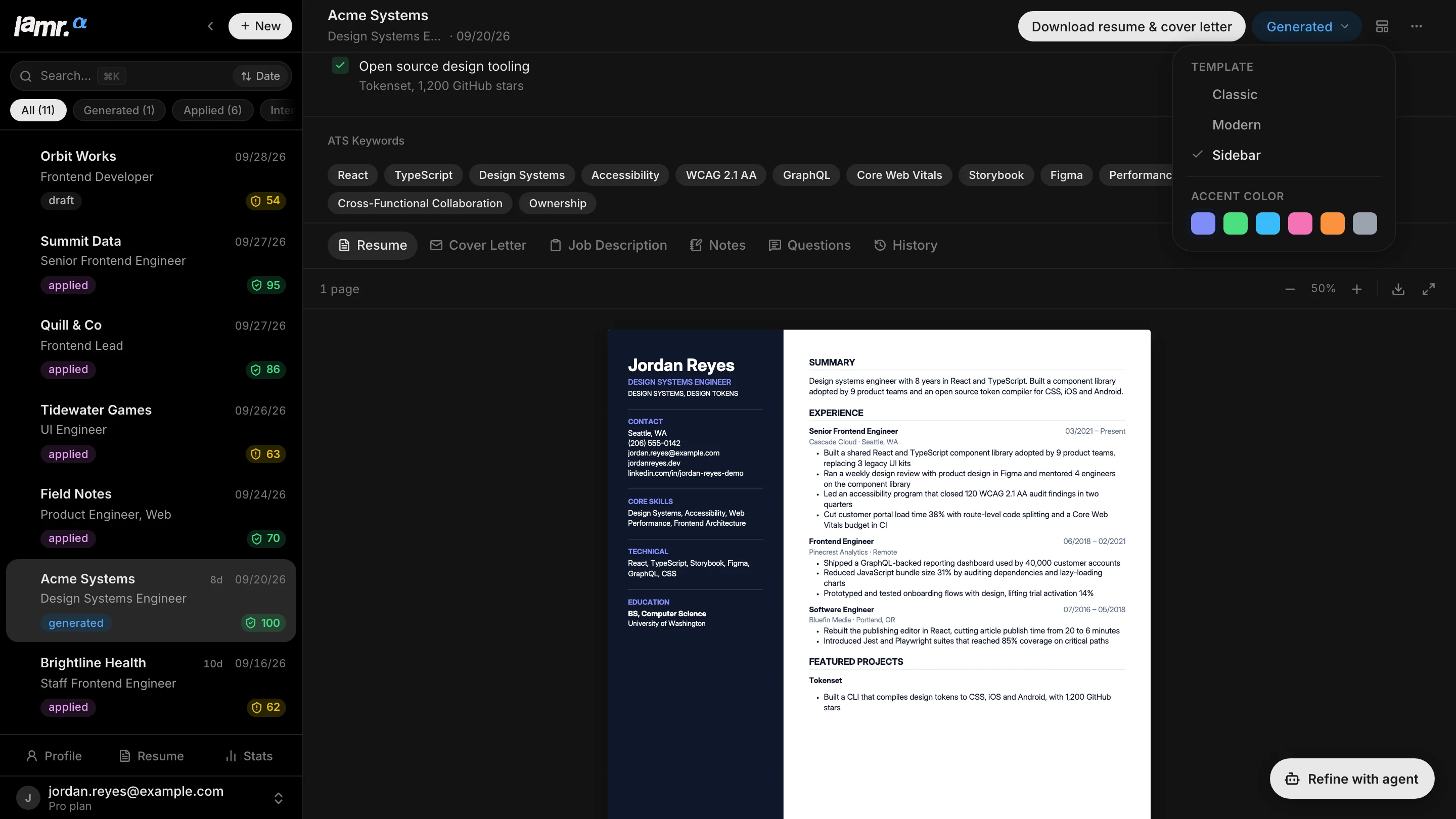 Lamr résumé tab showing a Typst-compiled Sidebar-template résumé with the template menu open: Classic, Modern, Sidebar, and accent colours.