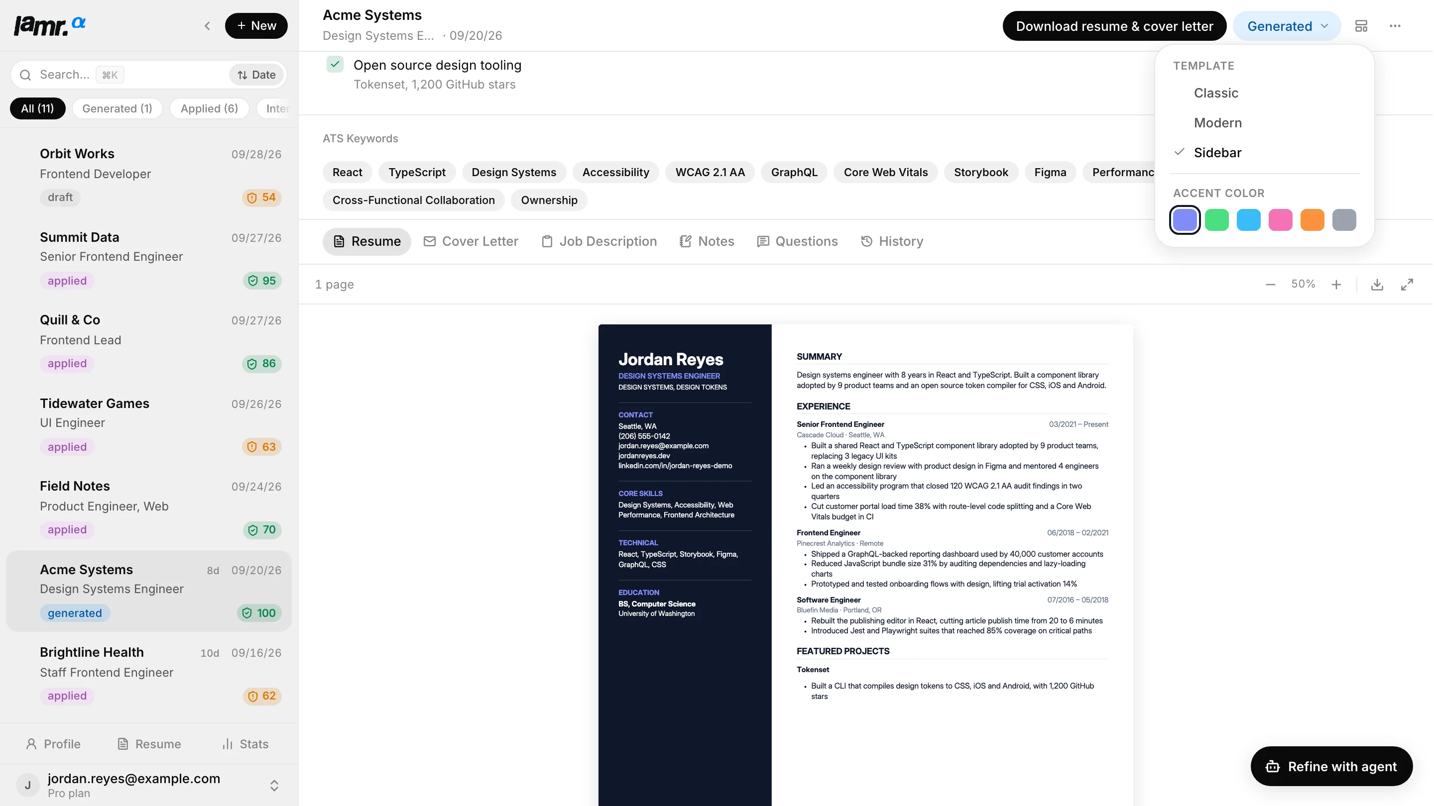 Lamr résumé tab showing a Typst-compiled Sidebar-template résumé with the template menu open: Classic, Modern, Sidebar, and accent colours.