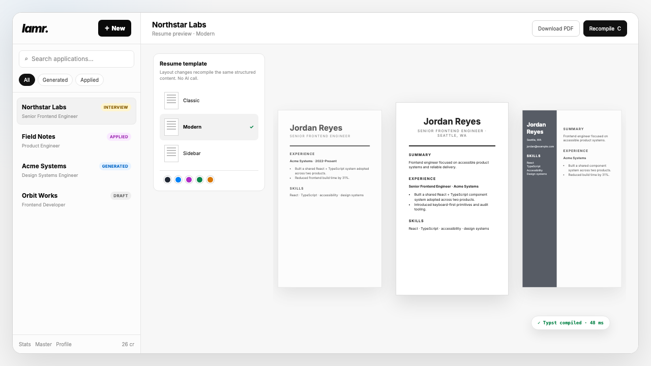 Lamr sample showing Classic, Modern, and Sidebar Typst résumé templates rendered from the same structured candidate data.
